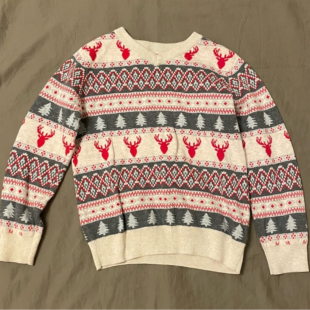 Hatley Cream, Red and Gray Knit Christmas Winter Sweater with Deer Designs